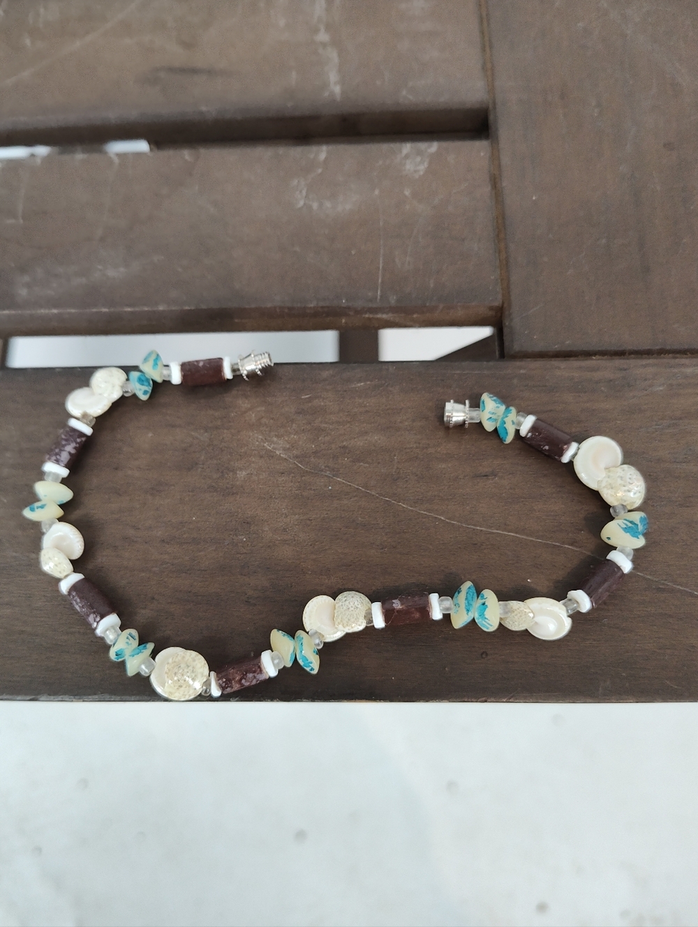 Shell, Wood Bead, & Faux Turquoise Accent Beaded Anklet - White, Brown & Teal
